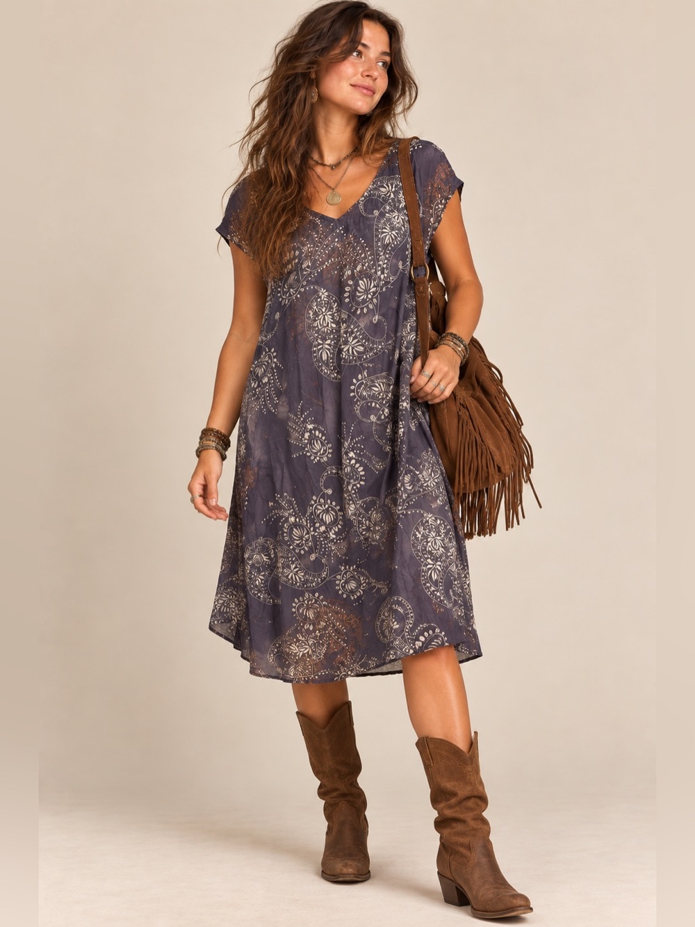 Sundance Boho Paisley Floral Midi Dress Purple Charcoal Artsy Cottagecore M